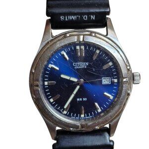 CITIZEN Quartz W.R 50 Bar Watch 35mm Leather Blue Dial Date 100m Water Resistant